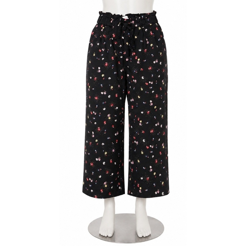 Popsugar Wide Leg Pants Womens Size S Black Floral Paperbag Waist Tie Belt